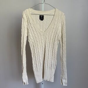 American Eagle Outfitters Y2K Babytee Sweater  Cable Knit V Neck Ivory size‎ L